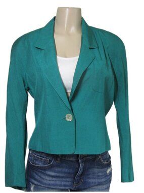 VTG Anne Klein 100% silk 80s 90s  Cropped fitted Blazer Jacket Green Career 10